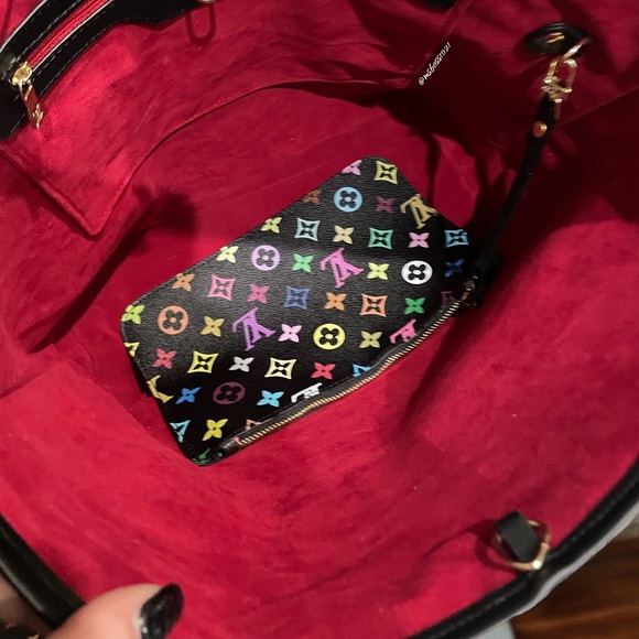 Women’s Black Multicolor Neverfull Style Shoulder Bag W/Pouch + Wallet NEW - Picture 5 of 9